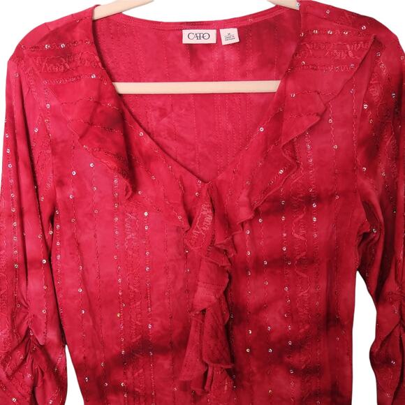 CATO Womens Red‎ Orange M Sequin Top Blouse Tie Dye Ruffle V-Neck Ruched Sleeves - Picture 4 of 8